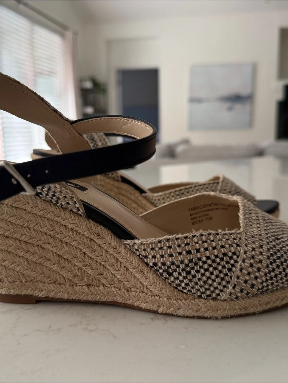 Neutral Woven Wedge Sandals with Black Ankle Straps